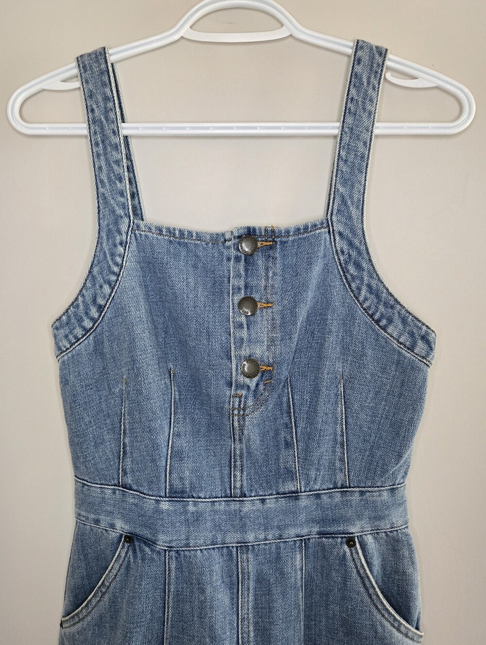 & Other Stories Blue Denim Pinafore Mini Dress With Pockets, Distressed Hem -New - Picture 2 of 6